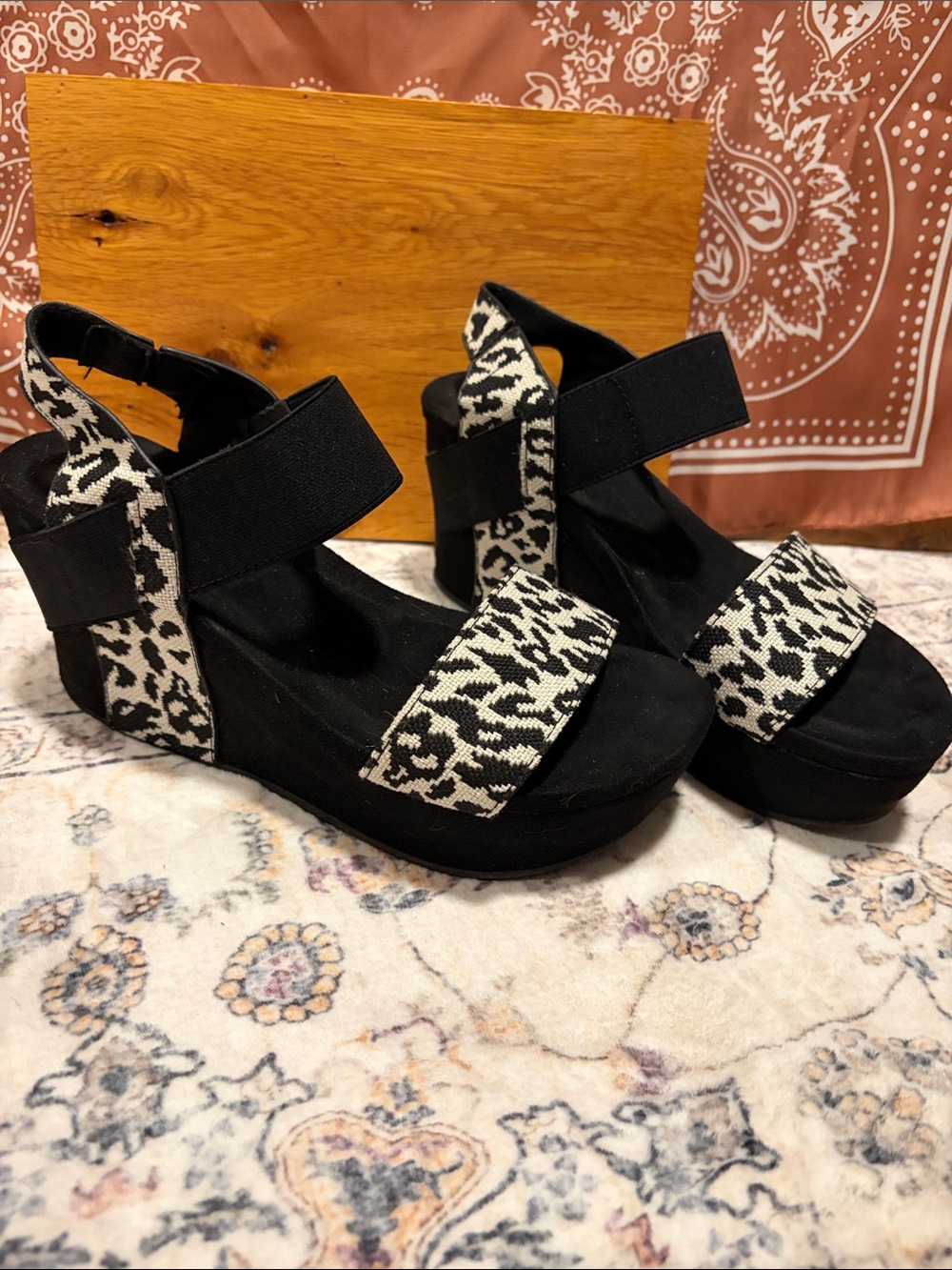 Pierre Dumas Black Wedge Sandals with Black and White Animal Print Straps